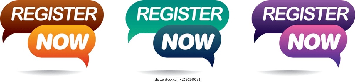 Rótulos modernos de chamada para ação "Registre-se agora" em estilo colorido de balão de fala. Ótimo para anúncios de webinar, landing pages, interface do usuário do aplicativo, formulários e promoção de eventos. Vetor totalmente editável EPS design