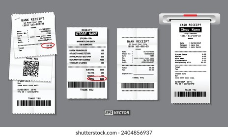 set of register sale receipt or cash receipt printed on white paper concept. eps vector 