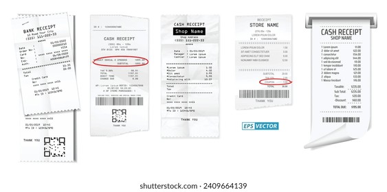 set of register sale receipt or cash receipt printed on white paper concept. eps vector 