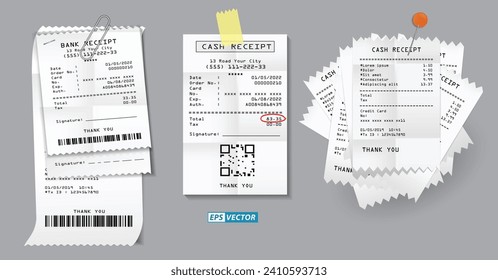 set of register sale receipt or cash receipt printed on white paper concept. eps vector 