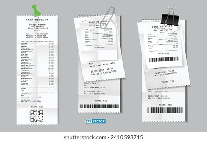 set of register sale receipt or cash receipt printed on white paper concept. eps vector 