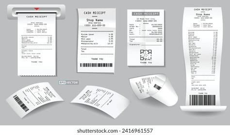 conjunto de recibos de venta de registro o recibo de efectivo impreso en el concepto de papel blanco. vector de pasos 