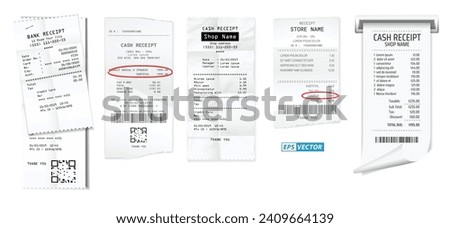 set of register sale receipt or cash receipt printed on white paper concept. eps vector 