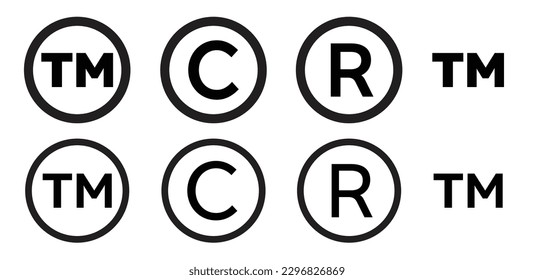 Set of registered trademark and copyright symbols in black color. Black circle vector tm, c, and r sign symbols on transparent background. 