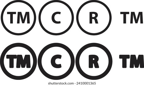 Set of registered trademark and copyright symbols in black color. Black circle vector tm, c, and r sign symbols on transparent background.