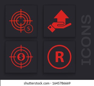 Establecer marca registrada, objetivo con símbolo en dólares, dinero a mano y destino con icono en dólares. Vector