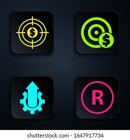 Set Registered Trademark, Target with dollar, Arrow growth gear business and Target with dollar symbol. Black square button. Vector