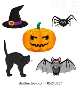 set for registration cards for Halloween, consisting of a pumpkin, a spider on the web, the vampire bat, a hissing black cat and witch's hat.