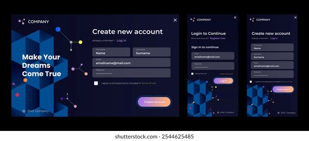 Conjunto de modelos de design de formulário de Registro. Inscreva-se e entre na página de formulário. Materiais de design de fácil utilização. página inicial do site e aplicação móvel. vetor
