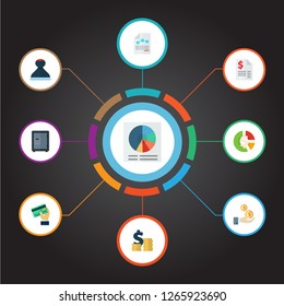 Set of registration icons flat style symbols with balance sheet, net income, circle chart and other icons for your web mobile app logo design.