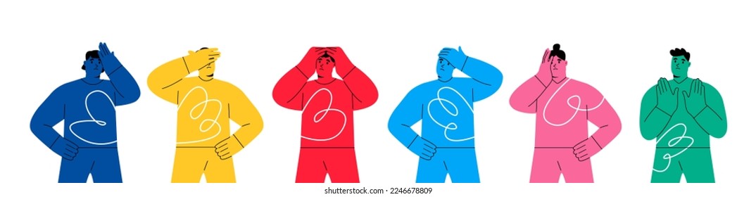 Set of regret or embarrassed people. Colorful vector illustration
