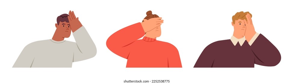 Set of regret or embarrassed people. Human emotion concept. Flat vector illustration isolated on white background
