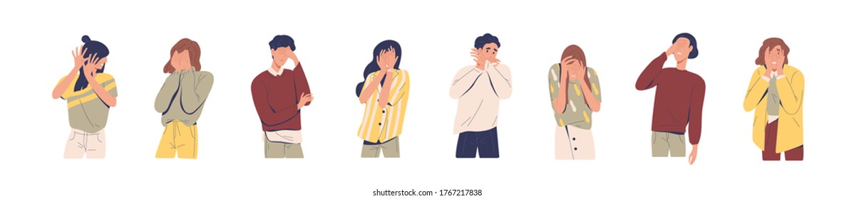 Set of regret or embarrassed people vector illustration. Collection of disappointed man and woman hide face behind hands, demonstrate facepalm gesture or ashamed expression isolated on white