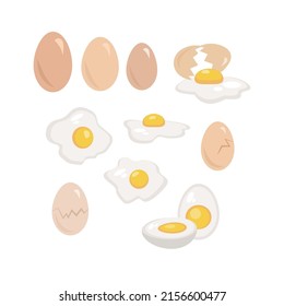 Juego de huevos regulares sobre fondo blanco. Ilustración vectorial de huevos grandes y pequeños, rotos, enteros y agrietados, hervidos y grises al estilo de las caricaturas.