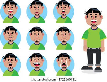 Conjunto de diferentes expresiones faciales del hombre común. Carácter emoji humano con diferentes emociones. Ilustración conceptual de emociones y lenguaje corporal en estilo de dibujos animados vectoriales.