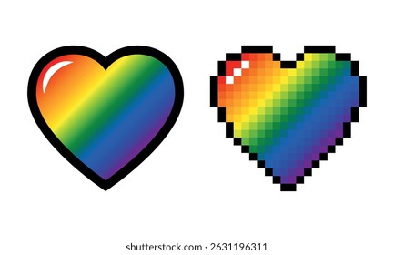Set of regular and pixelated hearts in LGBTq colors isolated on white background.