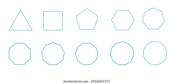  Ein Satz von regelmäßigen Polygonen, Konturmaterialien in Blau, Linearzeichnung, didaktische Formen