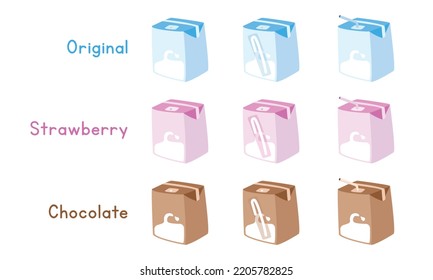 Set of regular, strawberry, chocolate milk carton box vector design. Blue, pink, brown milk cartons boxes with straw clipart. Milk cartons different flavors cartoon style cute drawing. Dairy product