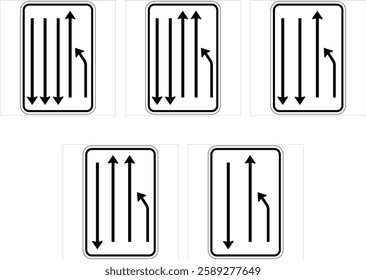 Set of regulatory road signs indicating lane directions with added lane.