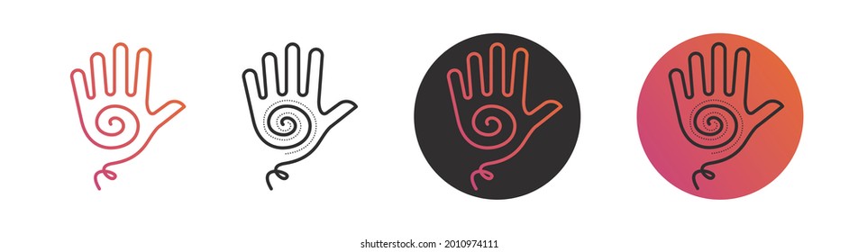 Set of reiki signs. Contour of the palm with a spiral inside. Hand with a sun inside as a symbol of healing. Vector illustration