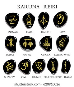 A set of reiki symbols carved on stone isolated on white. Hand drawn elements for design. Mystical, esoteric, occult theme.