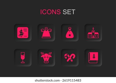 Set Reindeer, Angel, Christmas postcard, Candy cane with stripes, Church building, book, Santa Claus bag gift and Glass of champagne icon. Vector