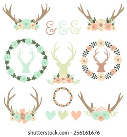 Set of reindeer antlers, floral frames and reindeer silhouette