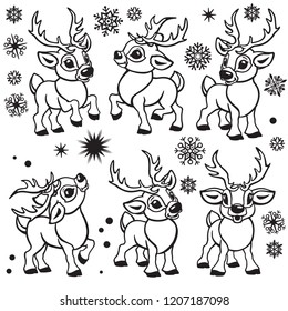 set of reindeer . Cartoon collection of funny Christmas tiny caribou deer in different poses .Black and white outline vector  illustrations for babies and little kids