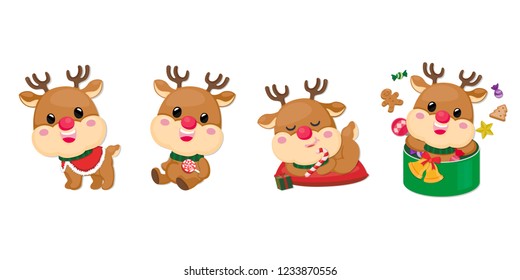 Set of Reindeer character on white background. Collection of Christmas Reindeer.
