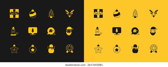 Set Reindeer, Christmas ball, Santa Claus hat, snowman, tree, Gift box and  icon. Vector