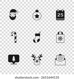 Set Reindeer, Christmas shopping bag, Envelope, stocking, day calendar, Santa Claus hat and beard, ball and Candy cane with stripes icon. Vector