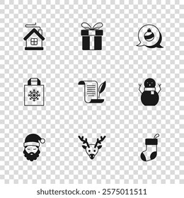 Set Reindeer, Christmas snowman, stocking, Envelope, ball, Merry house, Gift box and shopping bag icon. Vector