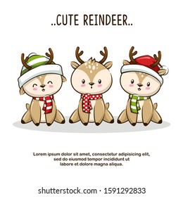 Set Reindeer Cute Cartoon Illustration