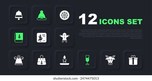 Set Reindeer, Gift box, Christmas postcard, Glass of champagne, book, shopping bag, Santa Claus hat and Burning candle icon. Vector