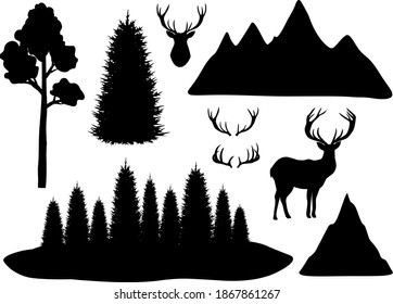Set Reindeer horns mountains trees forest silhouettes vector illustration