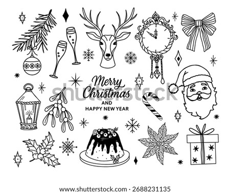 Set of Christmas elements, reindeer, Santa, clock, snowflakes, branches, holiday decor in monochrome hand drawn style. Black and white vector, outline. For greeting, posters, tags, coloring