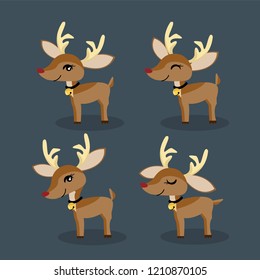 Set of reindeer wearing collar with bell for Christmas holiday season. Cute winter holidays cartoon character. Vector illustration.