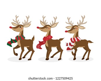 Set of reindeer wears color scarf on white background. Christmas holidays season cartoon character design. Vector illustration.