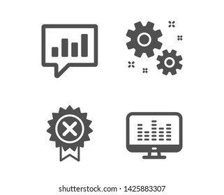 Set of Reject medal, Analytical chat and Work icons. Music making sign. Award rejection, Communication speech bubble, Settings. Dj app.  Classic design reject medal icon. Flat design. Vector
