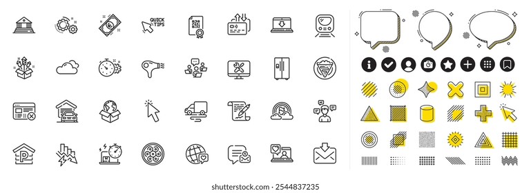 Set of Reject web, Hair dryer and Fireworks rocket line icons for web app. Design elements, Social media icons. Saving electricity, Delivery service, Parking icons. Vector