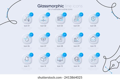 Set of Reject web, Online voting and Office box line icons for web app. Open box, Chemical hazard, Station icons. Interview, Music making, Charging station signs. Clock bell, Mail. Vector