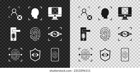 Set Rejection face recognition, Face, Fingerprint, Shield eye scan, Mobile with fingerprint, door lock and  icon. Vector