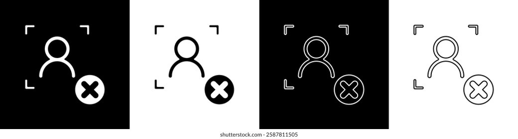 Set Rejection face recognition icon isolated on black and white background. Face identification scanner icon. Facial id. Cyber security concept.  Vector