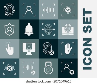 Set Rejection face recognition, Palm print, Laptop with fingerprint, Voice, Motion sensor, User protection, Fingerprint and  icon. Vector