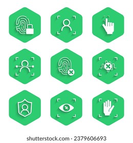 Establecer huella digital de rechazo, exploración ocular, reconocimiento de la palma, voz, protección del usuario, cara, huella digital y con icono de bloqueo. Vector