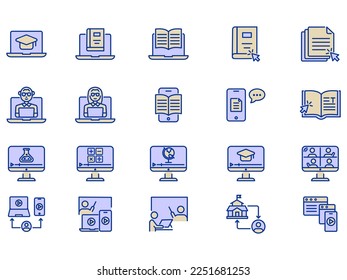 Set of related back to school online vector icons. Vector illustrations such as icons of online graduation, online book reading, online teaching and more, in editable flat colors.