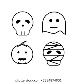 A set of related cute vector line icons commemorating the day of Halloween, containing scary but slightly cute icons such as pumpkin, ghost, skull, mummy and more. editable stroke. pixel perfect.  