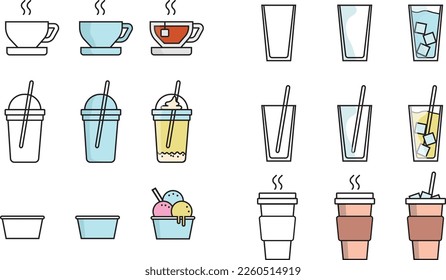 A set of café related icons illustrations such as coffee, tea, iced coffee, americano, juice, ice cream and water