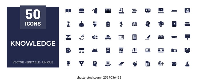 Set of related to knowledge icons. Solid icon collection. Filled icon set, glyph for web and ui. Editable solid icons set. Vector illustration.