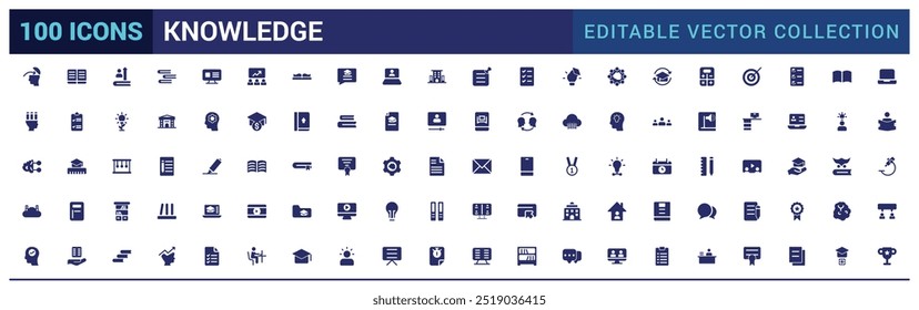 Set of related to knowledge icons. Solid icon collection. Filled icon set, glyph for web and ui. Editable solid icons set. Vector illustration.